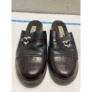 Brighton Kelsey Heart Black Brown Leather Slip On‎ Mules Italy Womens Size 7M